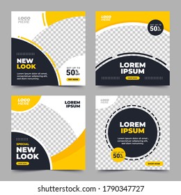 Set of Editable minimal square banner template. Black and yellow background color with stripe line shape. Suitable for social media post and web internet ads. Vector illustration with photo college