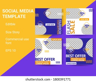 Set of Editable minimal square banner template. White and yellow background color with stripe line shape. Suitable for social media post, web internet ads, brochure and banner. Vector illustration