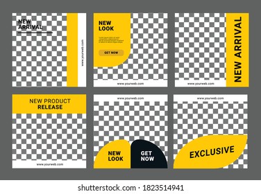Conjunto de plantilla de banner cuadrado mínimo editable. Color de fondo negro y amarillo con forma de línea de rayas. Adecuado para publicaciones en medios sociales y anuncios en internet. Ilustración vectorial con colegio fotográfico