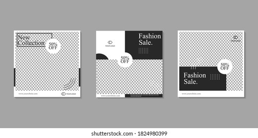 Set of Editable minimal square banner template. Black and white background color with stripe line shape. Suitable for social media post and web internet ads. Vector illustration with photo college
