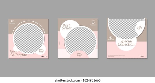 Set of Editable minimal square banner template. Brown pink background color with stripe line shape. Suitable for social media post and web internet ads. Vector illustration with photo college