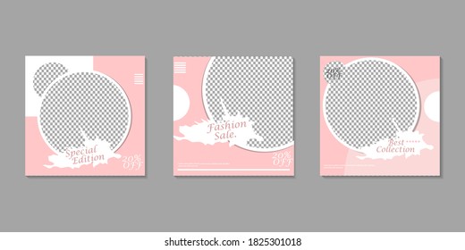 Set of Editable minimal square banner templates. Pink white background color with stripe lines and circle shapes suitable for social media post and web internet ads. Vector illustration with photo college