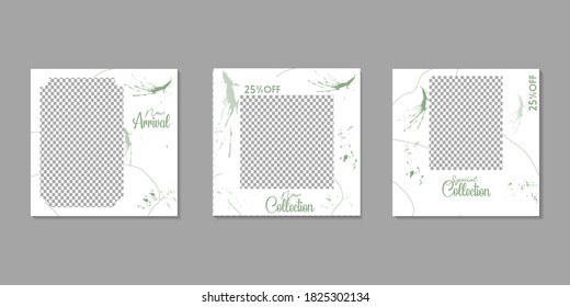 Set of Editable minimal square banner template. Green white background color with paint splatters and square frames suitable for social media post and web internet ads. Vector illustration with photo college