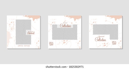 Set of Editable minimal square banner template. Orange white background color with paint splatters and square frames for social media post and web internet ads. Vector illustration with photo college