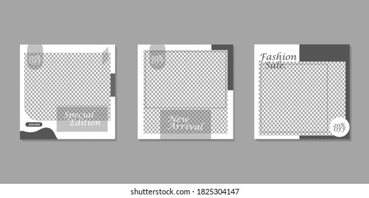 Set of Editable minimal square banner template. Black white background color with lines and square frames suitable for social media post and web internet ads. Vector illustration with photo college