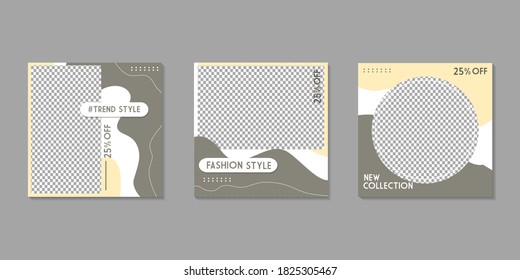 Set von Editierbarer minimaler quadratischer Bannervorlage. Gelbe, braune, weiße Hintergrundfarbe mit Wellen und geometrischen Formen, geeignet für Social-Media-Post- und Web-Werbung. Vektorgrafik mit Fotoschule