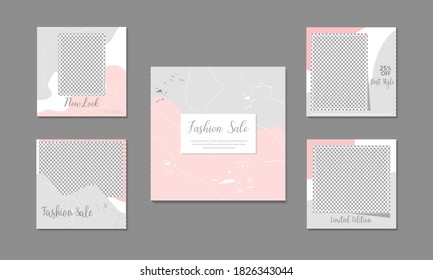 Set of Editable minimal square banner template. Pink white background color with waves and geometric shapes suitable for social media post and web internet ads. Vector illustration with photo 