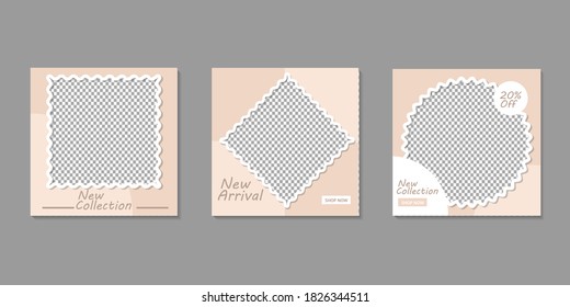 Conjunto de plantilla de banner cuadrado mínimo editable. Color de fondo blanco gris con olas y formas geométricas adecuadas para publicaciones en medios sociales y anuncios en internet. Ilustración vectorial con foto 