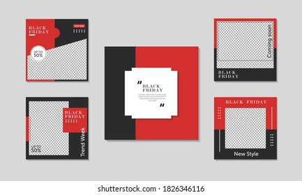 Set of Editable minimal square banner template. Black red background color with  geometric shapes suitable for social media post and web internet ads. Vector illustration with photo. Black Friday 