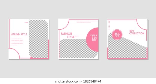 Set of Editable minimal square banner template. Pink white background color with waves and geometric shapes suitable for social media post and web internet ads. Vector illustration with photo 