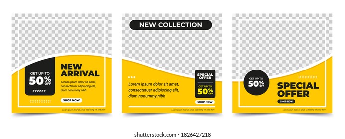 Set of Editable minimal square banner template. Black and yellow background color with stripe line shape. Suitable for social media post and web internet ads. Vector illustration with photo college - Shutterstock ID 1826427218