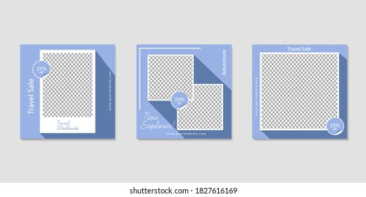 Set of Editable minimal square banner template. Blue white background color with  geometric shapes for social media post and web internet ads. Vector illustration with photo 