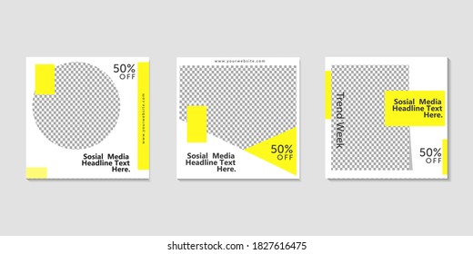 Set of Editable minimal square banner template. Yellow white background color with  geometric shapes for social media post and web internet ads. Vector illustration with photo 