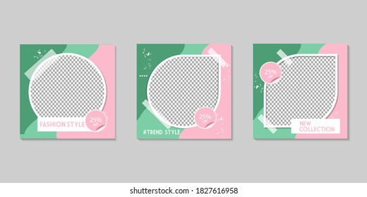 Conjunto de plantilla de banner cuadrado mínimo editable. Color de fondo blanco verde con formas geométricas para publicaciones en medios sociales y anuncios en Internet. Ilustración vectorial con foto 