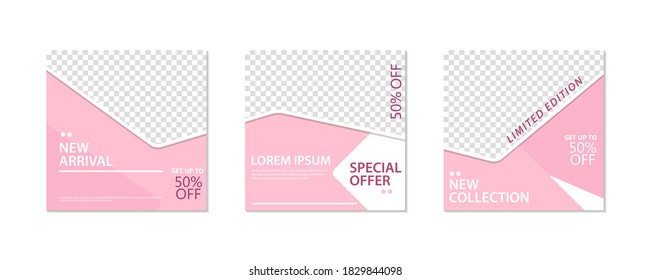 Set of Editable minimal square banner template. Pink white background color with geometric shapes for social media post and web internet ads. Vector illustration with photo