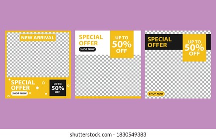Set of Editable minimal square banner template. Black and yellow background color with stripe line shape. Suitable for social media post and web internet ads. 