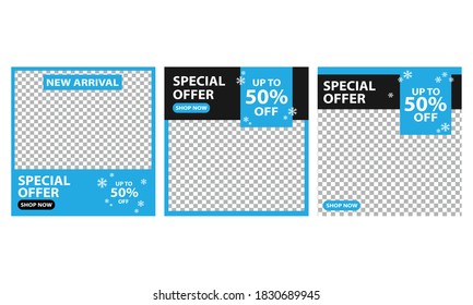 Set of Editable minimal square banner template. Black and blue background color with stripe line shape. Suitable for social media post and web internet ads.