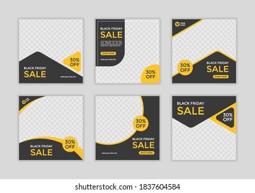 Set Of Editable Minimal Square Banner Template. Black And Yellow Background Color With Shape. Suitable For Social Media Post And Web Ads.