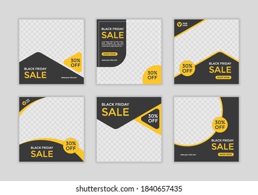 Set Of Editable Minimal Square Banner Template. Black And Yellow Background Color With Shape. Suitable For Social Media Post And Web Ads.
