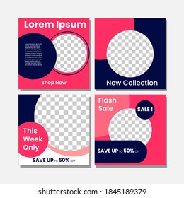 Set of Editable minimal square banner template. pink and blue dark background color with stripe line shape. Suitable for social media post and web internet ads. Vector illustration with photo college