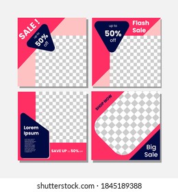 Set of Editable minimal square banner template. pink and blue dark background color with stripe line shape. Suitable for social media post and web internet ads. Vector illustration with photo college