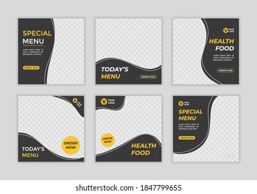 Set of Editable minimal square banner template. Black and yellow background color with shape. Suitable for social media post and web ads.