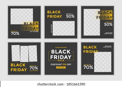 Set of Editable minimal square banner template. Black and yellow background color. Suitable for social media post and web ads. Black friday sale.