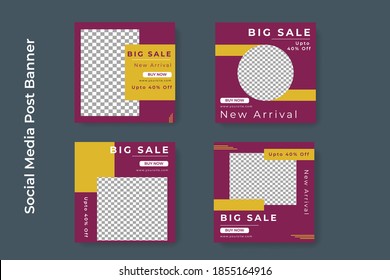 Set of Editable minimal square banner template. Black and yellow background color with stripe line shape. Suitable for social media post and web internet ads. Vector illustration with photo college