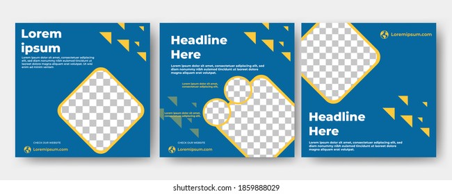 Set of editable minimal square banner template. Yellow and blue color modern shape decoration. Flat design vector template with photo collage. Usable for social media feed, story and web internet ads.