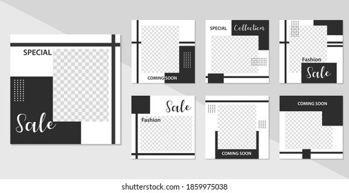 Set of Editable minimal square banner template. Black white background color with geometric shapes for social media post and web internet ads. Vector illustration