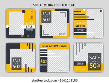 Set of Editable minimal square banner template. Black and yellow background color with shape. Suitable for social media post and web ads