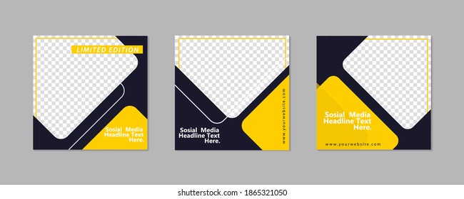 Set of Editable minimal square banner template. Black yellow background color with geometric shapes for social media post and web internet ads. Vector illustration