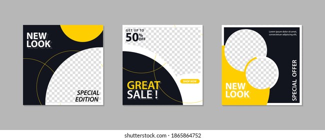 Set of Editable minimal square banner template. Black yellow background color with geometric shapes for social media post and web internet ads. Vector illustration