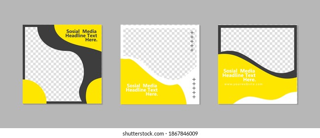  Set of Editable minimal square banner template. Black yellow background color with geometric shapes for social media post and web internet ads. Vector illustration