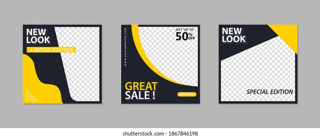  Set of Editable minimal square banner template. Black yellow background color with geometric shapes for social media post and web internet ads. Vector illustration