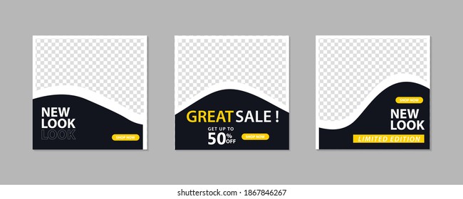  Conjunto de plantilla de banner cuadrado mínimo editable. Color de fondo blanco negro con formas geométricas para publicaciones en medios sociales y anuncios en Internet. Ilustración del vector