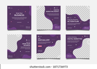 Set of Editable minimal square banner templates General Business Marketing. Purple background color. Suitable for social media post and web internet ads. Vector illustration with photo frame.