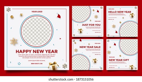 Conjunto de plantillas de banner cuadrado mínimo editable Feliz año nuevo. Color del fondo blanco. Adecuado para publicaciones en medios sociales y anuncios en internet. Ilustración vectorial con fotograma.