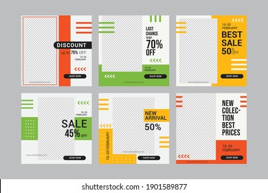 Set of Editable minimal square banner template. Red green and yellow background color with stripe line shape. Suitable for social media post and web internet ads. Vector illustration with photo collage