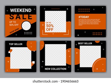 Set of editable minimal square banner template design for ig feed post. Suitable for social media post and web ads. Black and yellow background color with shape. Vector illustration
