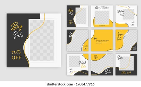 Set of Editable minimal square banner template. Black and yellow background color with shape. Suitable for social media post and web ads.