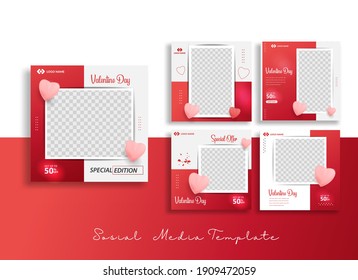 Set of Editable minimal square banner template. Blue white background color with geometric shapes for social media post and web internet ads. Valentine's theme vector.