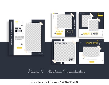 Set of Editable minimal square banner template. Black yellow background color with geometric shapes for social media post and web internet ads. Vector illustration 