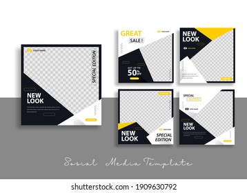 Set Of Editable Minimal Square Banner Template. Black Yellow Background Color With Geometric Shapes For Social Media Post And Web Internet Ads. Vector Illustration 