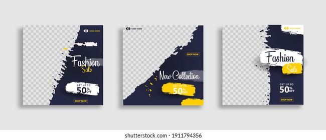 Set of Editable minimal square banner template. Black yellow white background color with geometric shapes for social media post and web internet ads. Vector illustration