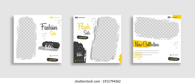 Set of Editable minimal square banner template. Black yellow white background color with geometric shapes for social media post and web internet ads. Vector illustration