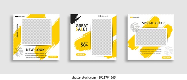 Set of Editable minimal square banner template. Black yellow white background color with geometric shapes for social media post and web internet ads. Vector illustration