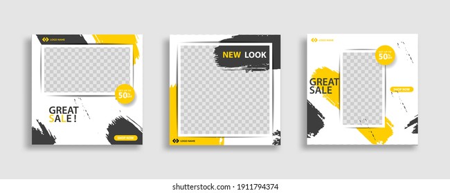 Set of Editable minimal square banner template. Black yellow white background color with geometric shapes for social media post and web internet ads. Vector illustration