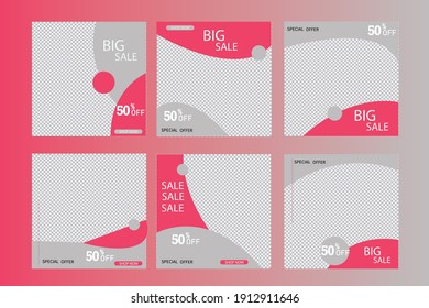 Set of Editable minimal square banner template. Red background color with shape. Suitable for social media post and web ads.