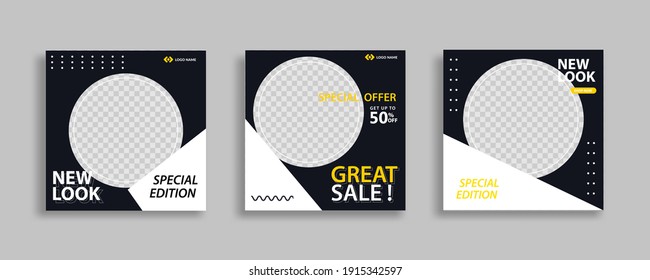 Set of Editable minimal square banner template. Blue yellow white background color with geometric shapes for social media post and web internet ads. Vector illustration